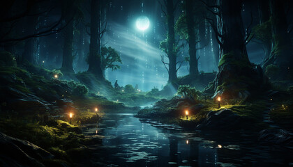 Naklejka premium Mysterious forest at night, spooky and foggy generated by AI