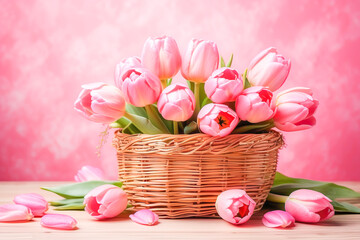 A bouquet of pink tulips stands in a basket on the table