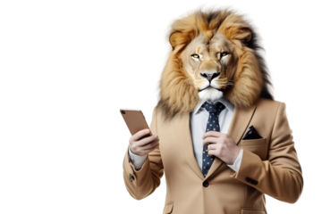 lion businessman in suit use mobile phone isolated on transparent background