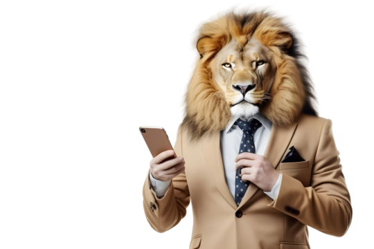 lion businessman in suit use mobile phone isolated on transparent background