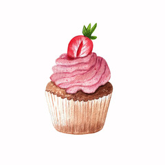 Watercolor cake isolated on white background, hand painted illustration. Perfect for cards, prints, invitations, birthday cards.