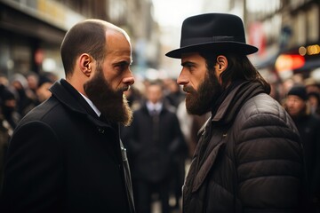 closeup two jewish men facing each other in the middle of the street arguing