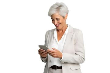 senior businesswoman in suit use mobile phone isolated on transparent background