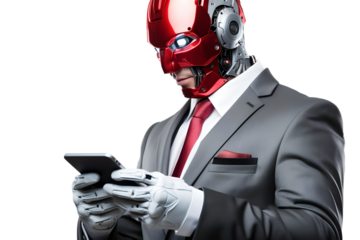 robot businessman in suit use mobile phone isolated on transparent background