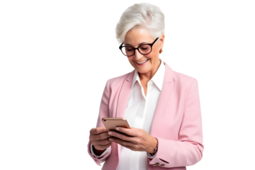 senior businesswoman in suit use mobile phone isolated on transparent background
