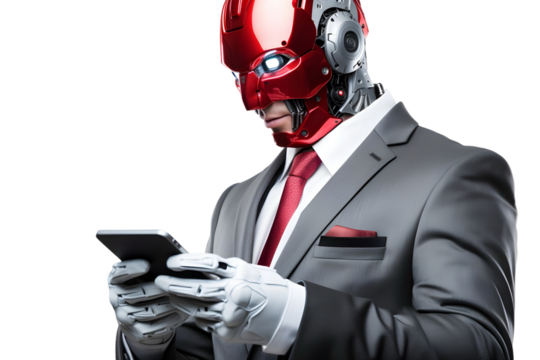 robot businessman in suit use mobile phone isolated on transparent background