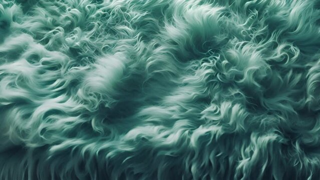 Blue fur texture top view. Turquoise fluffy fabric coat background. Winter fashion aqua marine color effect. trend.Abstract textile surface 4k mp4. moving