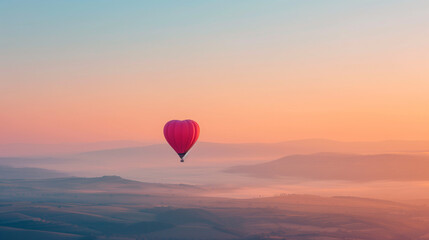 Fototapeta premium Hot air balloon over the sea at sunset. Colorful sky with clouds.