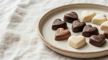 Obraz na płótnie Canvas Heart shaped chocolate candies on a plate on a white tablecloth