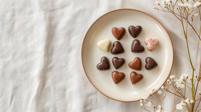 Chocolates in the shape of a heart on a white plate.
