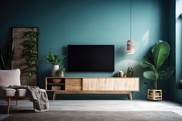 With a TV mounted on a cabinet in a contemporary living room and a blue wall backdrop as a backdrop,