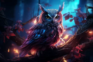 Photo sur Plexiglas Dessins animés de hibou Mystical Owl Perched on a Neon-Lit Branch