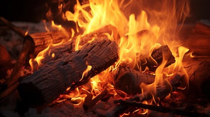 Cozy crackling fireplace with vibrant flames and glowing embers, illuminated by warm, bright light