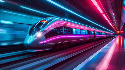 Fototapeta na wymiar Futuristic smart train travels fast in a tunnel, blue and purple