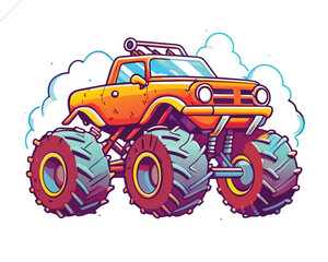 Monster truck vector art, design for t shirt, logo, poster, card, banner, emblem. Comic style.