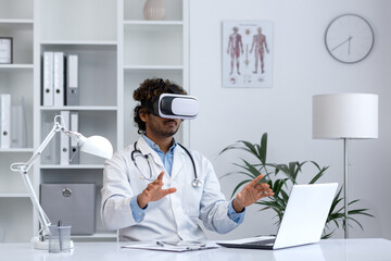 Innovative Hindu doctor with curly hair explores virtual reality in a clinical setting, symbolizing...
