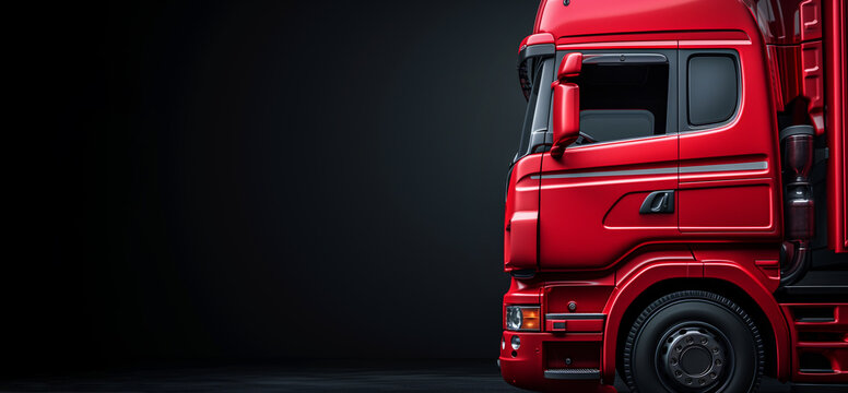 Red modern truck on a dark background, copyspace