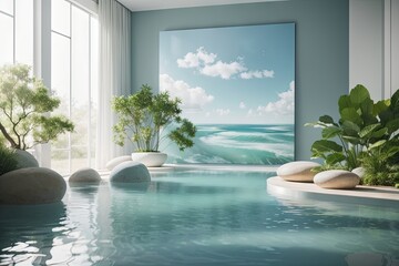 Modern natural living room with swimming pool