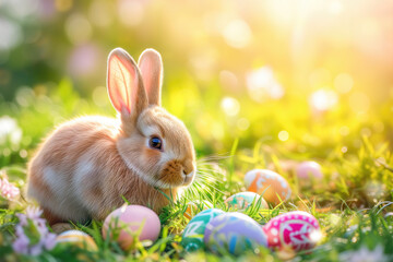Cute bunny with easter eggs in sunny garden - 725068382