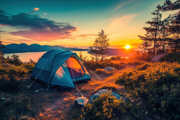 Tourist tent camping at sunset - 725068525