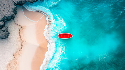 Aerial view of boat in crystal clear water and sand beach - 725068526