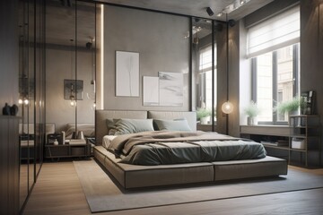 Modern little bedroom with a king size bed in an apartment