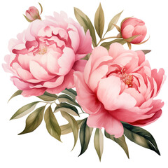 Watercolor Peony flower. Pink floral arrangement isolated botanical illustration. Blossom flowers design.