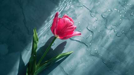  a single pink flower sitting in the middle of a pool of water with drops of water on it's surface.