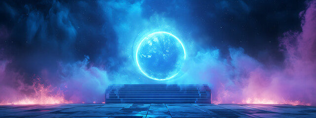 a blue portal and two step leading into a sphere of f
