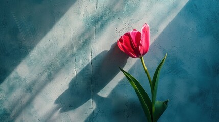  a single pink tulip sitting in a vase on a blue surface with a shadow of a wall behind it.