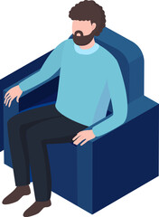 Bearded man sitting on chair in isometric view. Casual attire male office worker takes a break. Modern workplace environment vector illustration.