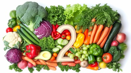 Colorful number 2 made of fresh fruits and vegetables on white background, top view