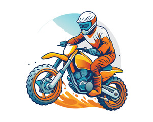 Man riding moto cross illustration for t-shirt, logo, poster, card, banner, emblem. Comic style.