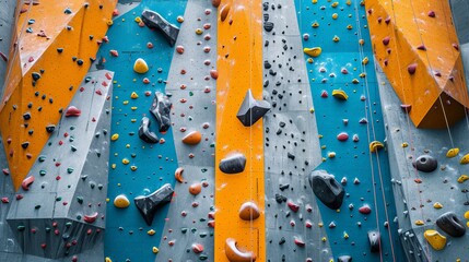 Vibrant indoor rock climbing wall with colorful holds and grips for climbing enthusiasts - obrazy, fototapety, plakaty
