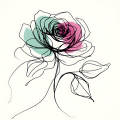 One-line art style graceful form of a rose,magenta and cool mint colours.
