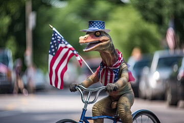 Majestic Dino on Wheels: A Patriotic Journey. Dinosaur proudly riding a bicycle adorned with the...