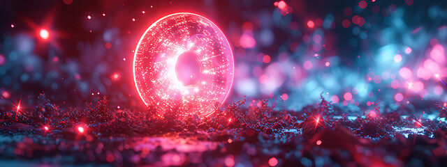 a bright red circular glowing light with reflections  - obrazy, fototapety, plakaty
