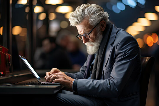 Elderly man with a refined look concentrates on his laptop in the warm, inviting glow of a bustling evening cafe, exuding air of experience and dedication.