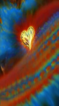 Zoom effect on a burning big heart, abstraction around. Heart as a symbol of feelings and love.