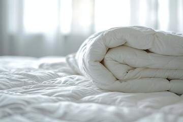 Close-up on minimalistic hotel bedding: clean white folded duvet blanket, bedsheets neatly placed on a bed linen
