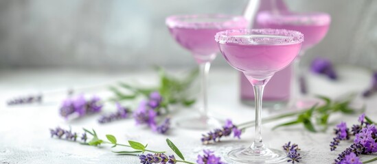 Fresh lavender cocktail on a white table.