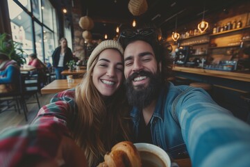 a beautiful young stylish cheerful happy caucasian couple taking a selfie in a cafe drinking coffee cappuccino and eating sweet dessert pastry croissant