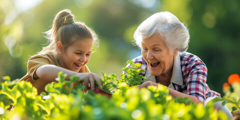 Grandma and her grandchild planting at the garden and the lady teach her grandchild for gardening skils and they are really happy and make some fun - obrazy, fototapety, plakaty