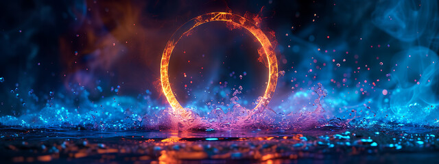 a circle full of fire with blue and red light around  - Powered by Adobe