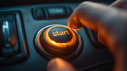 Closeup on a hand pressing the ignition button of a car