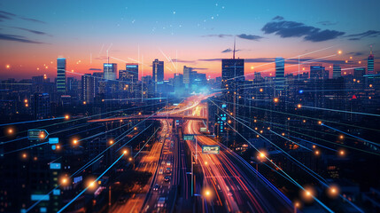 A city at twilight, illuminated by an interconnected 5G network