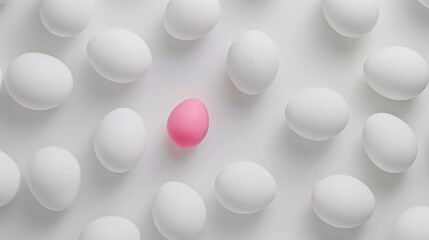  a group of white and pink eggs with one pink egg in the middle of a group of white eggs with one pink egg in the middle.
