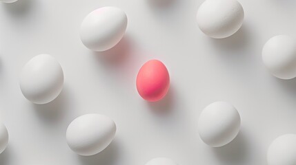  a group of white and pink eggs on a white surface with one pink egg in the middle of the group.