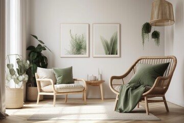 The living room of a contemporary home features a chic rattan armchair, a pillow, a cactus, a mock up poster frame, and attractive accessories. Background of light beige with copy space