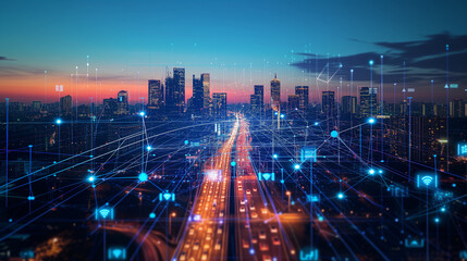 A city at twilight, illuminated by an interconnected 5G network - obrazy, fototapety, plakaty